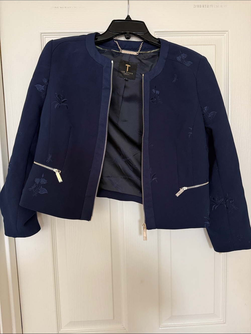 Ted Baker Navy Floral-Embroidered Zip Jacket